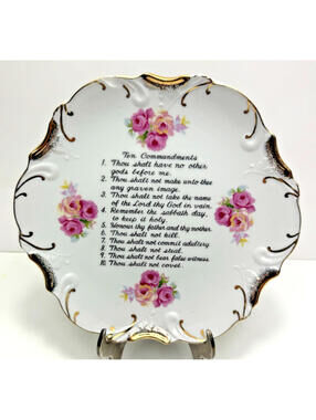 Vtg Ten Commandments Hanging Plate Scalloped Gold Edge Floral Pink Kitsch CHIP